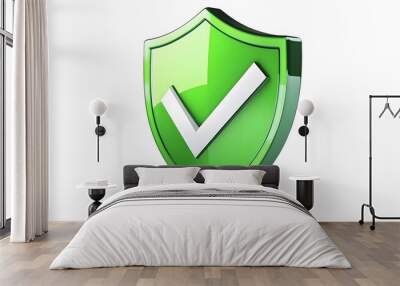 
cartoon 3d Icon safety shield check mark perspective . green symbol security safety icon. Checkmark in minimalistic style. 3d vector illustration. white background Wall mural