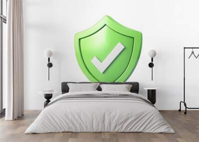 
cartoon 3d Icon safety shield check mark perspective . green symbol security safety icon. Checkmark in minimalistic style. 3d vector illustration. white background Wall mural