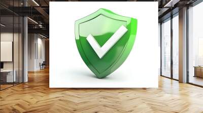 cartoon 3d Icon safety shield check mark perspective . green symbol security safety icon. Checkmark in minimalistic style. 3d vector illustration. white background Wall mural