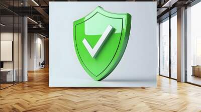 
cartoon 3d Icon safety shield check mark perspective . green symbol security safety icon. Checkmark in minimalistic style. 3d vector illustration. white background Wall mural