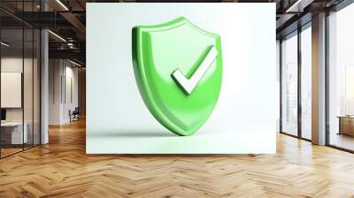 cartoon 3d Icon safety shield check mark perspective . green symbol security safety icon. Checkmark in minimalistic style. 3d vector illustration. white background Wall mural