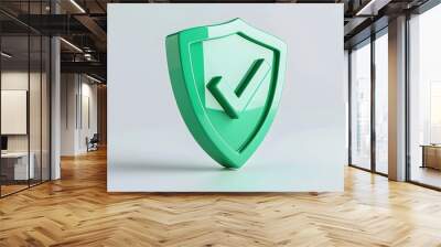 cartoon 3d Icon safety shield check mark perspective . green symbol security safety icon. Checkmark in minimalistic style. 3d vector illustration. white background Wall mural