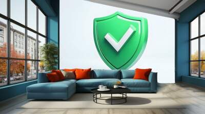 
cartoon 3d Icon safety shield check mark perspective . green symbol security safety icon. Checkmark in minimalistic style. 3d vector illustration. white background Wall mural