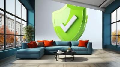 
cartoon 3d Icon safety shield check mark perspective . green symbol security safety icon. Checkmark in minimalistic style. 3d vector illustration. white background Wall mural