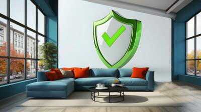 cartoon 3d Icon safety shield check mark perspective . green symbol security safety icon. Checkmark in minimalistic style. 3d vector illustration. white background Wall mural