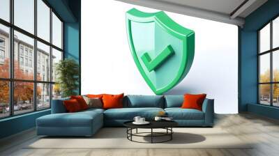 cartoon 3d Icon safety shield check mark perspective . Green symbol security safety icon. Checkmark in minimalistic style. 3d vector illustration. white background Wall mural