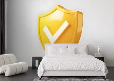 cartoon 3d Icon safety shield check mark perspective . yellow symbol security safety icon. Checkmark in minimalistic style. 3d vector illustration. white background Wall mural