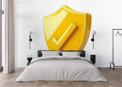 cartoon 3d Icon safety shield check mark perspective . yellow symbol security safety icon. Checkmark in minimalistic style. 3d vector illustration. white background Wall mural