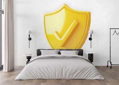 cartoon 3d Icon safety shield check mark perspective . yellow symbol security safety icon. Checkmark in minimalistic style. 3d vector illustration. white background Wall mural