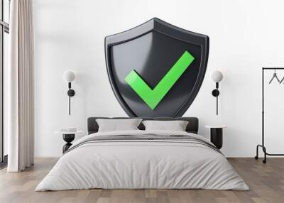 
cartoon 3d Icon safety shield green check mark perspective . black symbol security safety icon. Green Checkmark in minimalistic style. 3d vector illustration. white background Wall mural