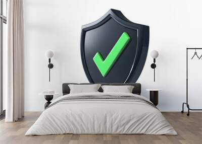 
cartoon 3d Icon safety shield green check mark perspective . black symbol security safety icon. Green Checkmark in minimalistic style. 3d vector illustration. white background Wall mural