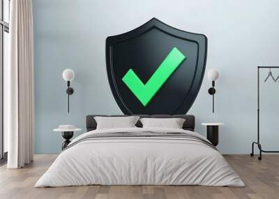 
cartoon 3d Icon safety shield green check mark perspective . black symbol security safety icon. Green Checkmark in minimalistic style. 3d vector illustration. white background Wall mural