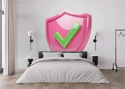 
cartoon 3d Icon safety shield green check mark perspective . pink symbol security safety icon. Green Checkmark in minimalistic style. 3d vector illustration. white background Wall mural