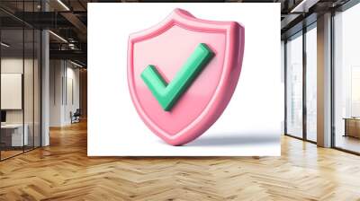 
cartoon 3d Icon safety shield green check mark perspective . pink symbol security safety icon. Green Checkmark in minimalistic style. 3d vector illustration. white background Wall mural