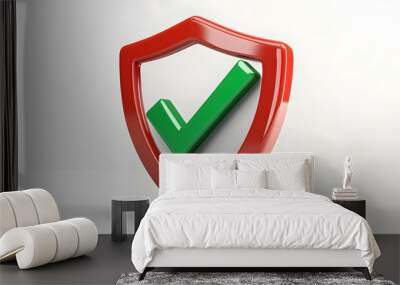 cartoon 3d Icon safety shield green check mark perspective . red symbol security safety icon. Green Checkmark in minimalistic style. 3d vector illustration. white background Wall mural