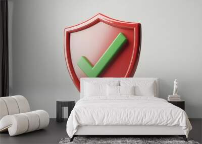 cartoon 3d Icon safety shield green check mark perspective . red symbol security safety icon. Green Checkmark in minimalistic style. 3d vector illustration. white background Wall mural