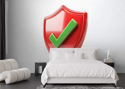 cartoon 3d Icon safety shield green check mark perspective . red symbol security safety icon. Green Checkmark in minimalistic style. 3d vector illustration. white background Wall mural