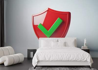 cartoon 3d Icon safety shield green check mark perspective . red symbol security safety icon. Green Checkmark in minimalistic style. 3d vector illustration. white background Wall mural