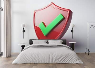 cartoon 3d Icon safety shield green check mark perspective . red symbol security safety icon. Green Checkmark in minimalistic style. 3d vector illustration. white background Wall mural