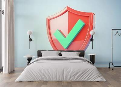 cartoon 3d Icon safety shield green check mark perspective . red symbol security safety icon. Green Checkmark in minimalistic style. 3d vector illustration. white background Wall mural