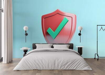 cartoon 3d Icon safety shield green check mark perspective . red symbol security safety icon. Green Checkmark in minimalistic style. 3d vector illustration. white background Wall mural