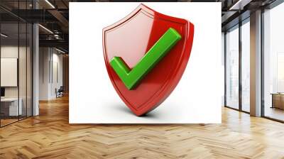 cartoon 3d Icon safety shield green check mark perspective . red symbol security safety icon. Green Checkmark in minimalistic style. 3d vector illustration. white background Wall mural