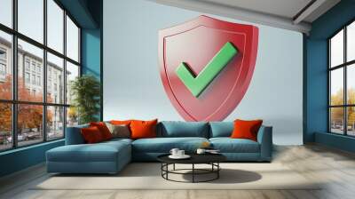 cartoon 3d Icon safety shield green check mark perspective . red symbol security safety icon. Green Checkmark in minimalistic style. 3d vector illustration. white background Wall mural