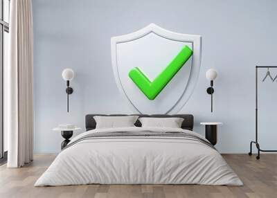 cartoon 3d Icon safety shield green check mark perspective . white symbol security safety icon. Green Checkmark in minimalistic style. 3d vector illustration. white background Wall mural