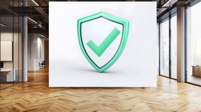 cartoon 3d Icon safety shield green check mark perspective . white symbol security safety icon. Green Checkmark in minimalistic style. 3d vector illustration. white background Wall mural