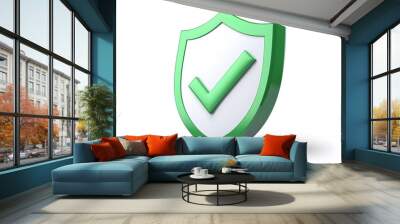 cartoon 3d Icon safety shield green check mark perspective . white symbol security safety icon. Green Checkmark in minimalistic style. 3d vector illustration. white background Wall mural