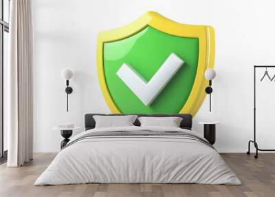 cartoon 3d Icon safety shield green check mark perspective . yellow symbol security safety icon. Green Checkmark in minimalistic style. 3d vector illustration. white background Wall mural