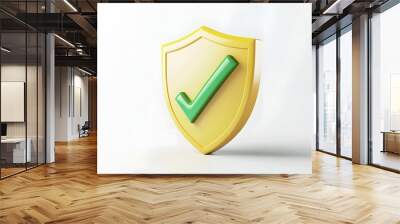 cartoon 3d Icon safety shield green check mark perspective . yellow symbol security safety icon. Green Checkmark in minimalistic style. 3d vector illustration. white background Wall mural