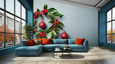 christmas card with ilex verticillata and christmas balls Wall mural