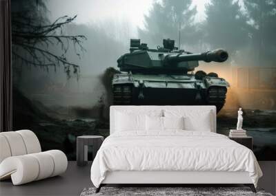 Combat military tank in a rainstorm by generative AI Wall mural