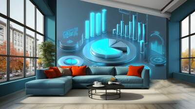 Cute isometric 3D image of 3D pie chart and bar chart in realistic metallic silver illuminated by neon blue. add floating, transparent charts and circular measurement tools. ensure perfect shapes and  Wall mural