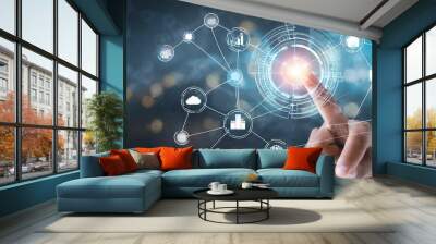 Digital technology, internet network connection concept. Finger touching on virtual screen with futuristic technology background, data exchange, digital transformation Wall mural