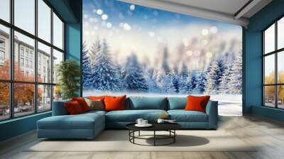 frosty winter landscape in snowy forest christmas background with fir trees and blurred background of winter Wall mural