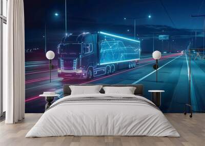 Futuristic Technology Concept: Autonomous Semi Truck with Cargo Trailer Drives at Night on the Road with Sensors Scanning Surrounding. Special Effects of Self Driving Truck Digitalizing Freeway Wall mural