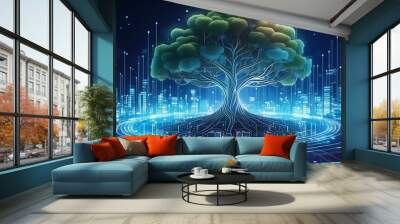 Generative AI illustration of beautiful glowing tree growing on cities representing digital technology in studio  Wall mural