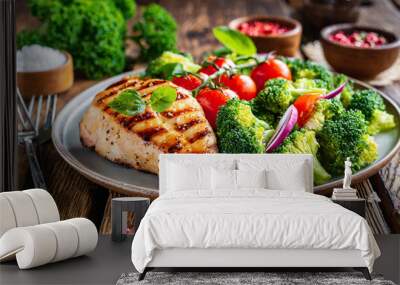 Grilled chicken breast, chicken fillet and fresh vegetable salad, broccoli closeup on wooden table. Healthy lunch menu. Healthy food, keto diet, dieting concept Wall mural