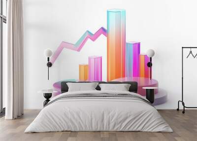 
lying composition 3d icon, UI icon, a chart icon, bar chart has a rising arrow on it, bar chart, pie chart, a rising arrow, frosted glass, transparent, white background, transparent technology sense Wall mural