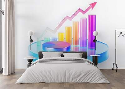 
lying composition 3d icon, UI icon, a chart icon, bar chart has a rising arrow on it, bar chart, pie chart, a rising arrow, frosted glass, transparent, white background, transparent technology sense Wall mural