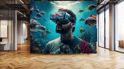 man visualizing ocean wearing VR goggles by generative AI Wall mural