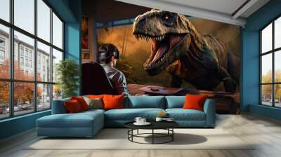 Man watching 3D movie of a dinosaur at home with VR goggles Wall mural