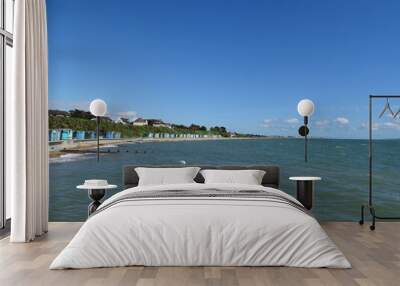 Panorama of colorful beach huts, in Lee on Solent in Hampshire, blue sky with little cloud, two swans bobbing about in the green sea in foreground Wall mural