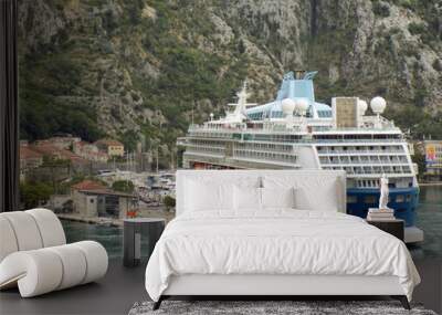  A Cruise Ship in Montenegro at Dock with the Mountain Towering Behind Wall mural