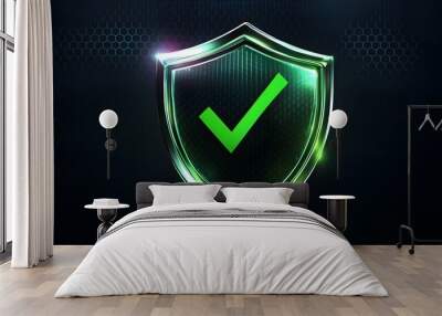 protection. healthcare. insurance. cyber security. network safety. protection shield with green chec Wall mural