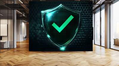 protection. healthcare. insurance. cyber security. network safety. protection shield with green chec Wall mural