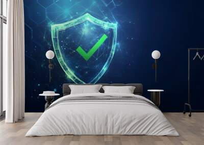 
Protection. Healthcare. Insurance. Cyber security. Network safety. Protection shield with green Check mark icon inside transparent sphere shield with hexagon pattern on blue background. Vector illust Wall mural