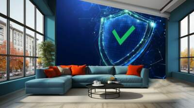 
Protection. Healthcare. Insurance. Cyber security. Network safety. Protection shield with green Check mark icon inside transparent sphere shield with hexagon pattern on blue background. Vector illust Wall mural